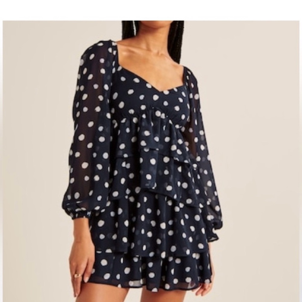 Abercrombie & Fitch long sleeve ruffle tiered mini dress navy & white polka dot